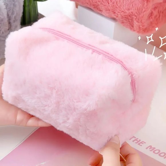 Fuzzy Cosmetic Bag Makeup Travel Organize Clutch Toiletry Pink or White Weekend - Picture 9 of 9